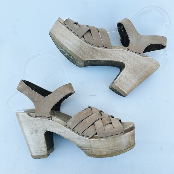 No. 6 Woven Leather Wooden Clogs Heels Sandal Beige 7 Tan Natural 37 Ankle Strap - Picture 3 of 14